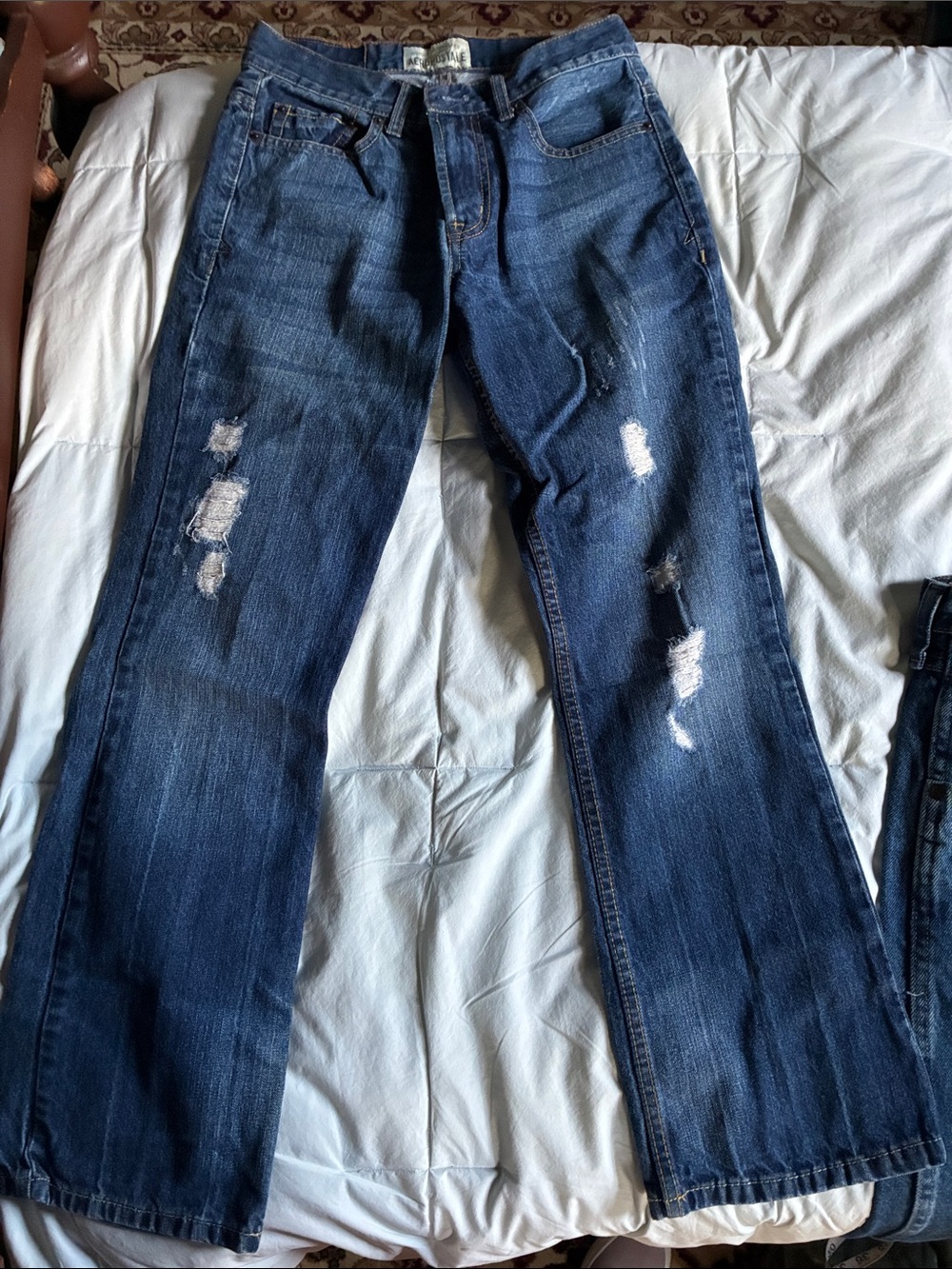 Aeropostale Women's Dark Blue Flare Jeans with Distressed Detail